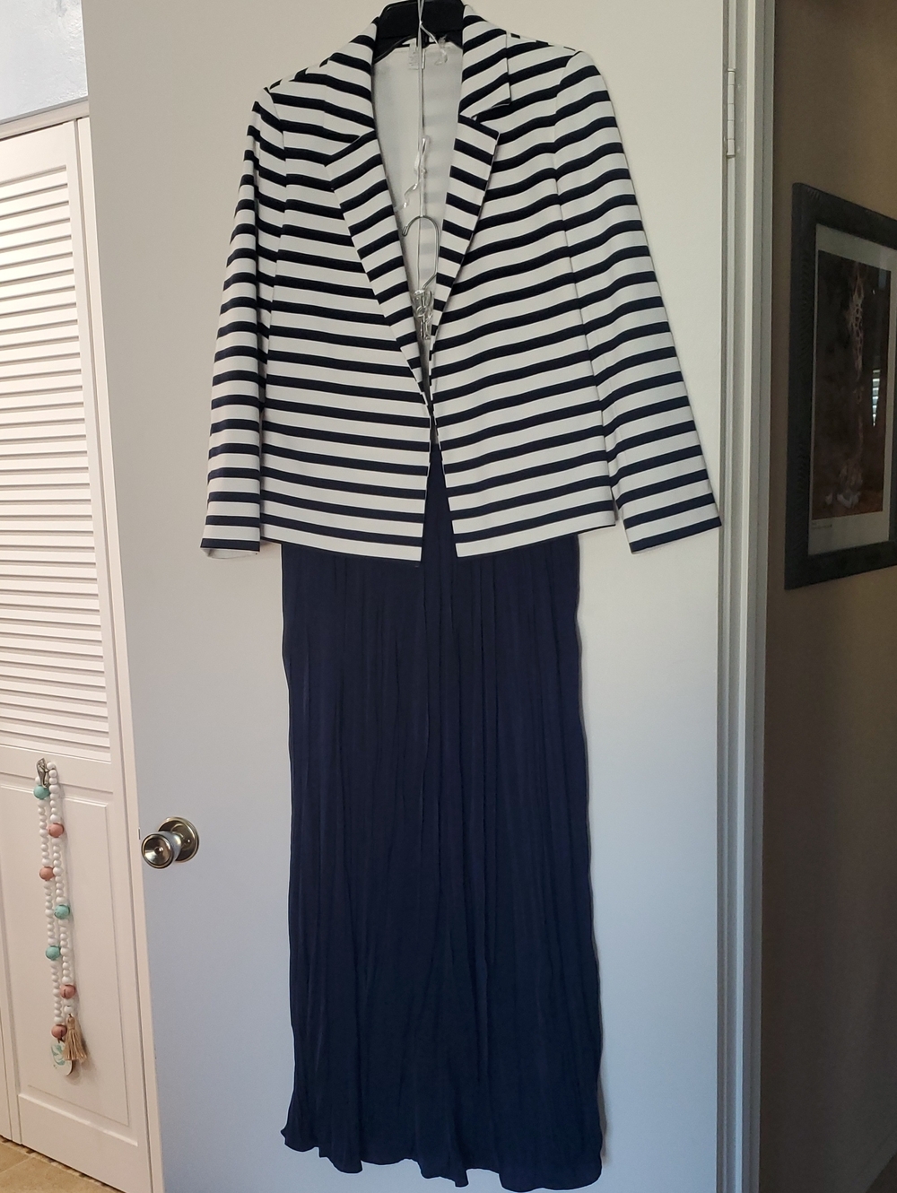 Chico's White Blazer with Navy Stripes And Sillky Navy Crinkle Skirt